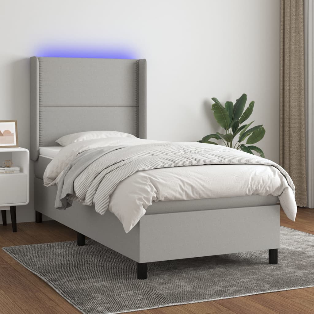 Cama Box Spring Colchón Y Luces Led Tela Gris Claro 80x200 Cm / Vetonek_4