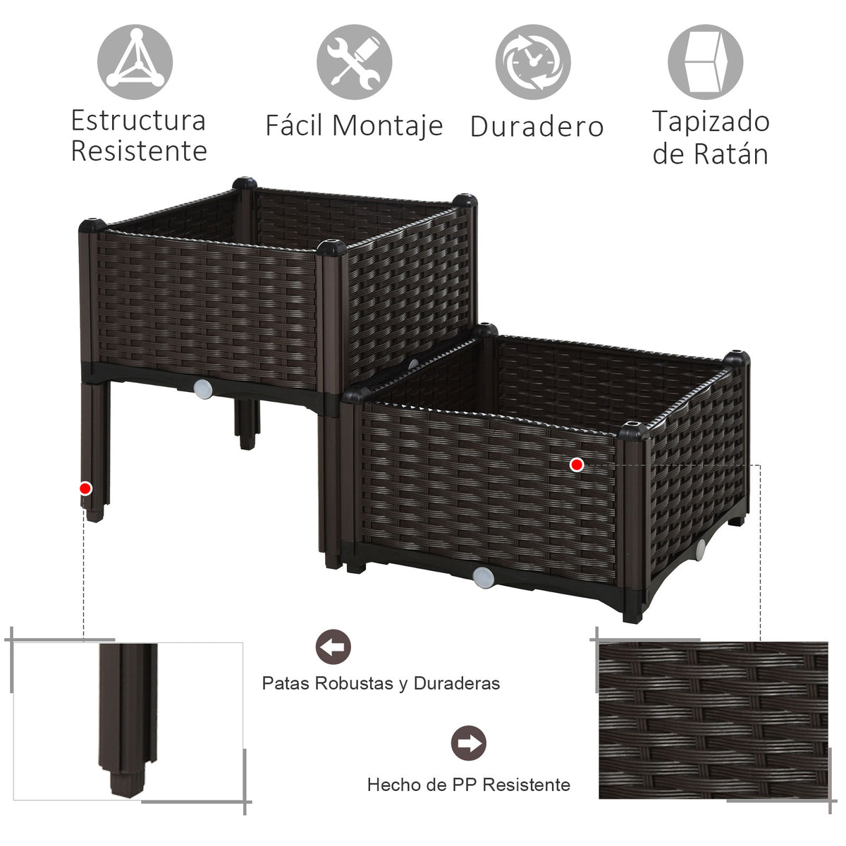 Conjunto De 2 Macetas Cuadradas Outsunny Marrón 40x40x44 Cm_5