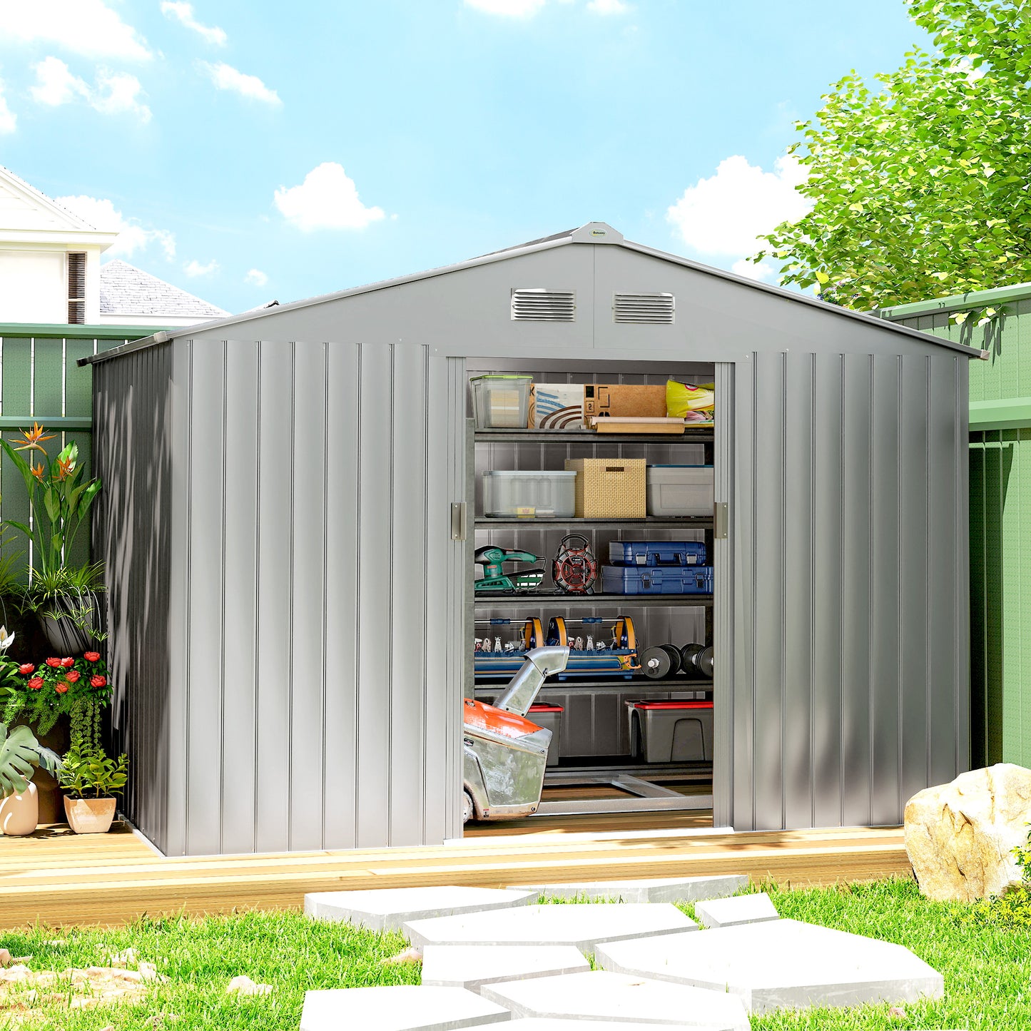 Outsunny Caseta De Jardín Exterior 4,9 M² 277x195x192 Cm Puerta Corredera Gris_1