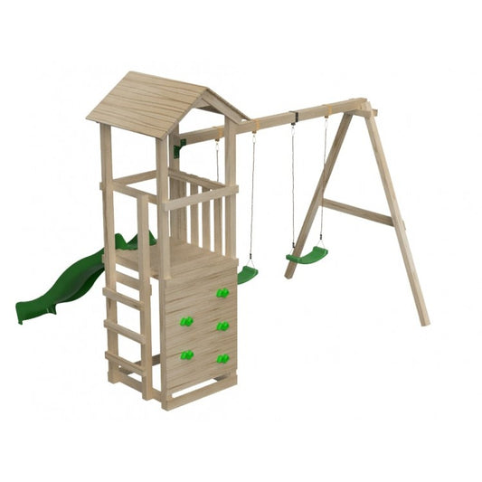 Parque Infantil Masgames Carlit L Techo De Madera Pared De Escalada Y Columpio Doble.