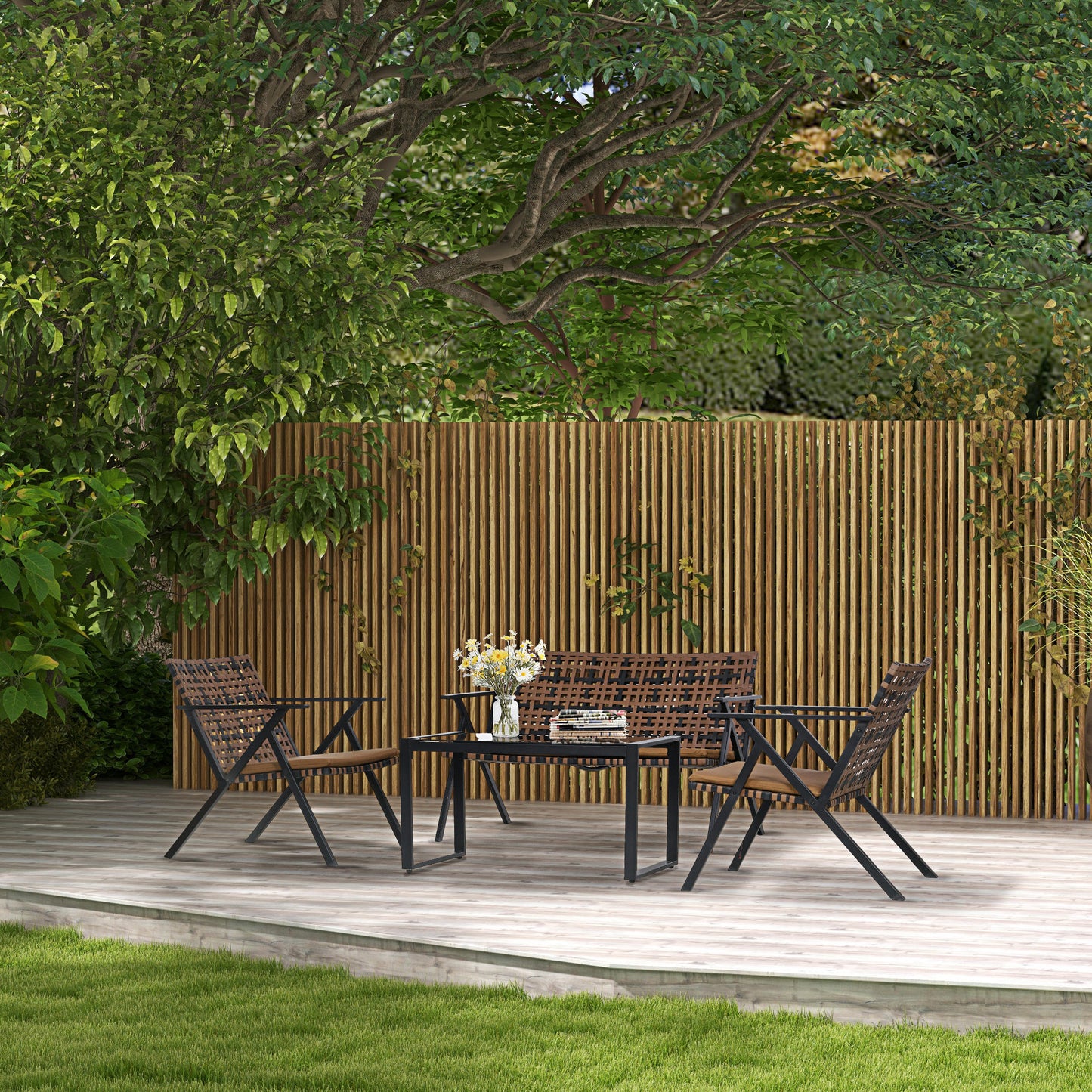 Outsunny Conjunto De Jardín De Ratán Sintético De 4 Piezas Marrón Y Negro_1
