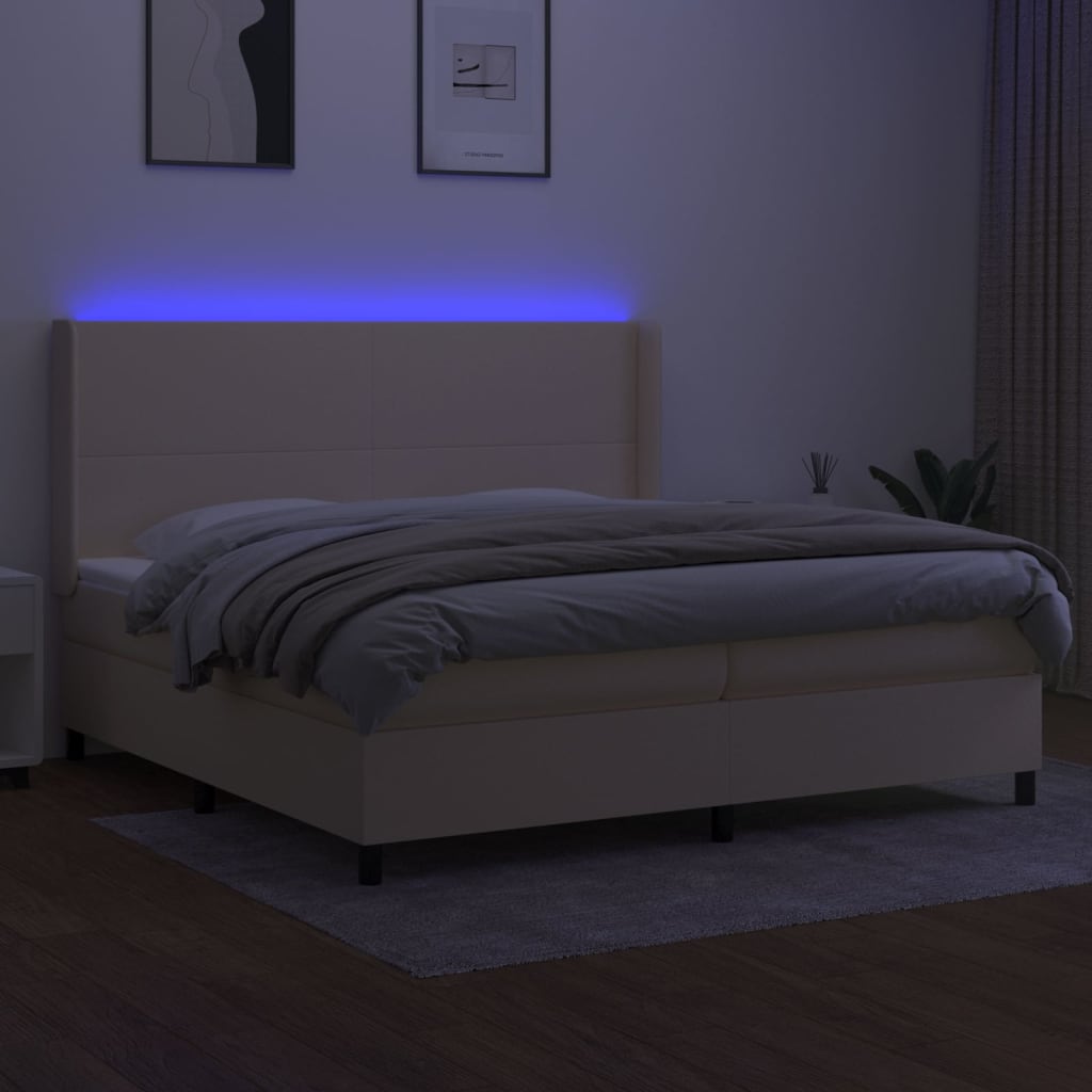Cama Box Spring Colchón Y Luces Led Tela Crema 200x200 Cm / Vetonek_0