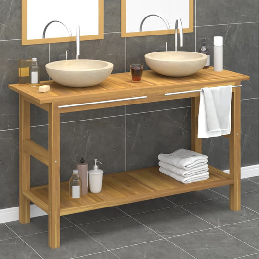 Tocador De Baño Madera Maciza De Teca Con Lavabos Mármol Crema_0
