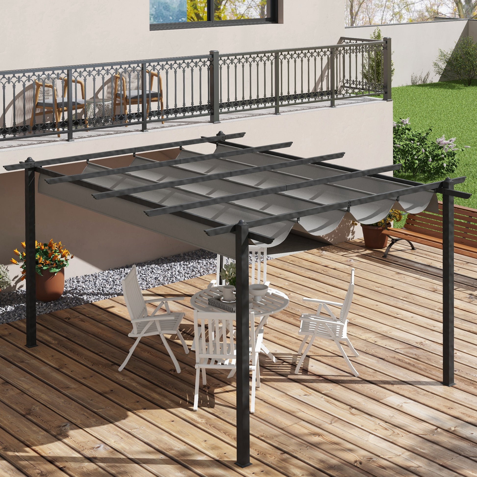 Outsunny Pérgola Con Techo Retráctil 4x3 M Estructura De Aluminio Gris_3