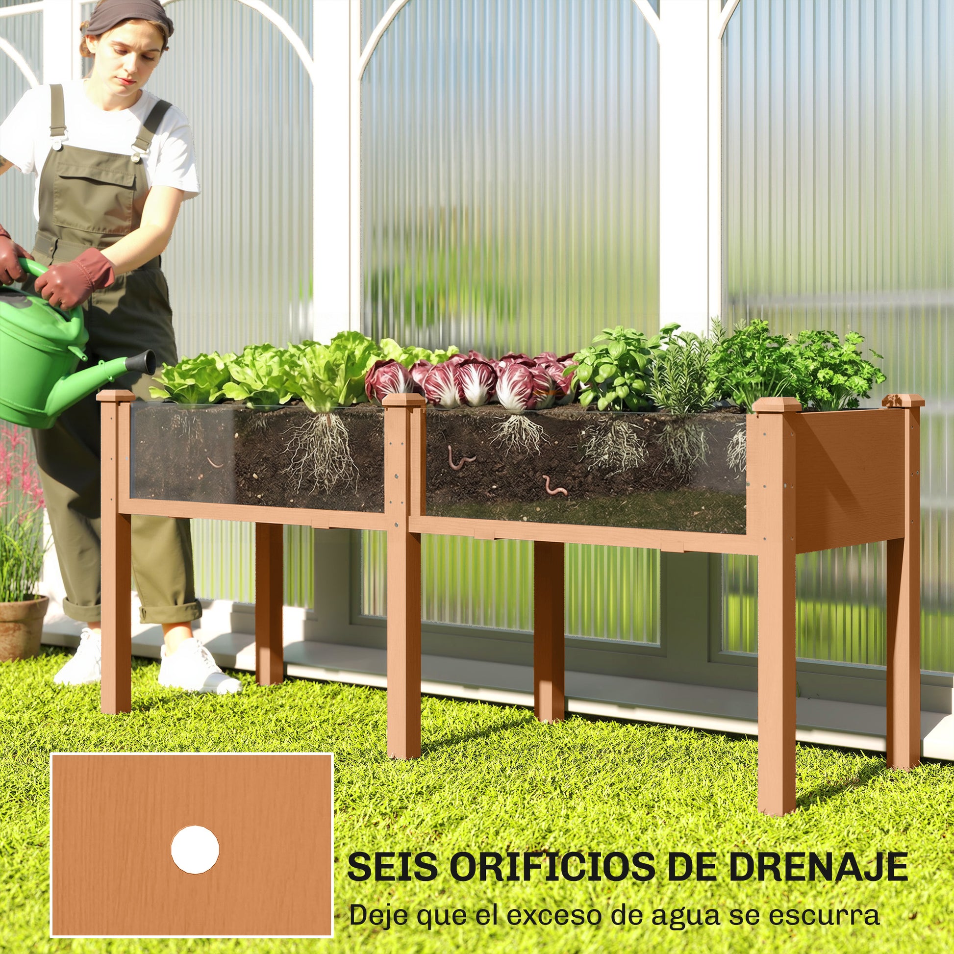 Outsunny Huerto Urbano Elevado De Madera Con 6 Orificios De Drenaje Marrón_5
