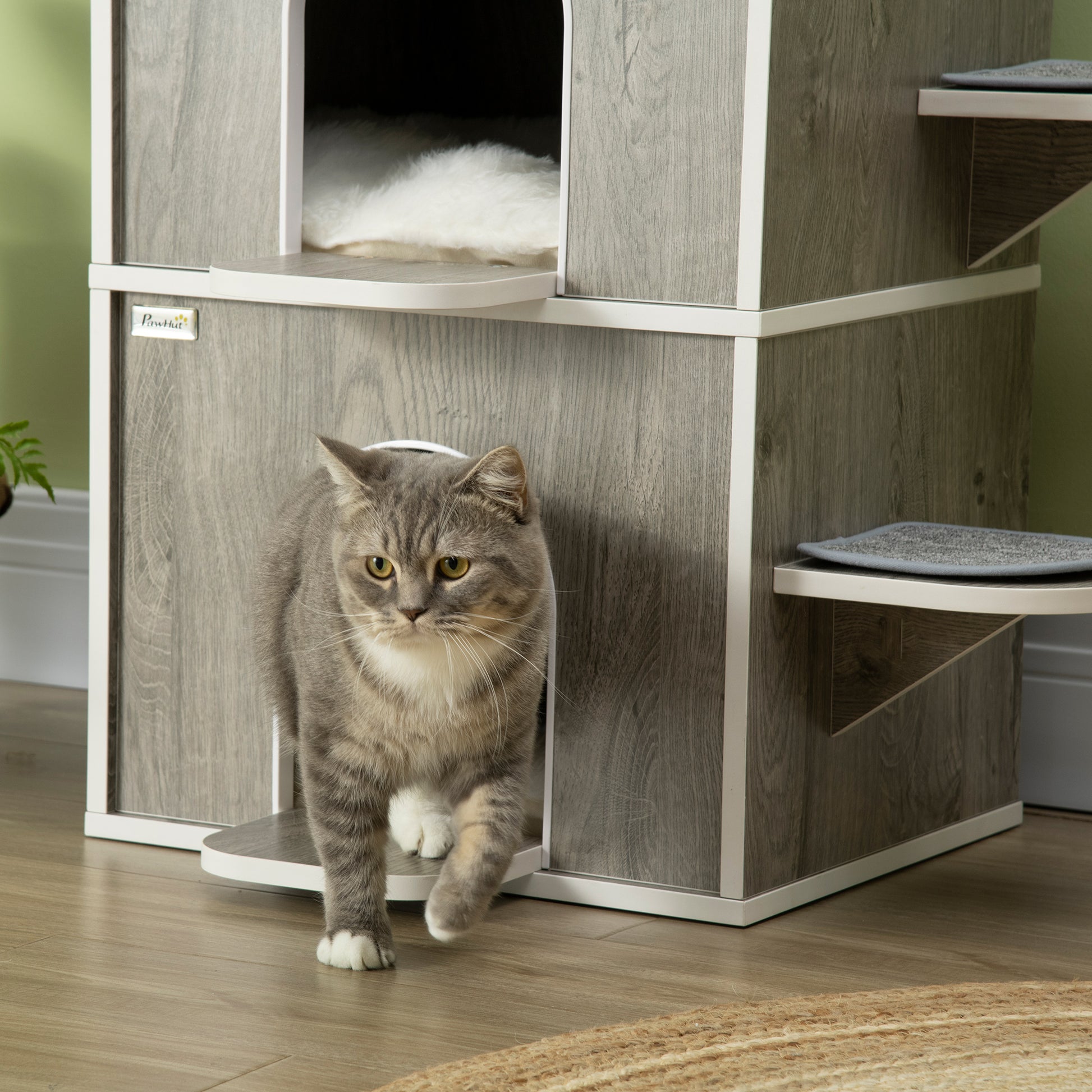 Pawhut Caseta Para Gatos De Madera Con 3 Cojines 2 Orificios 68x53x80,5 Cm Gris_4