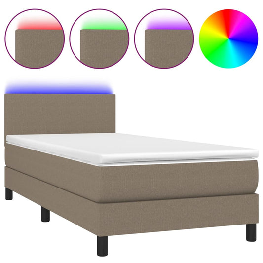 Cama Box Spring Con Colchón Led Tela Gris Taupe 100x200 Cm / Vetonek_0