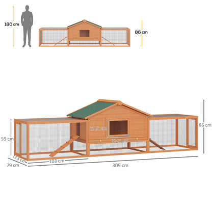 Pawhut Conejera Madera 309x79x86 Cm Para 2-4 Conejos 2 Corral Bandeja Extraíble_2