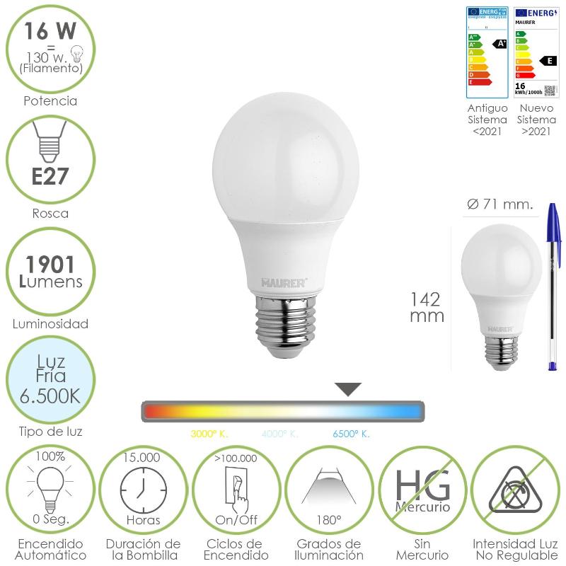 Bombilla Led Estandar Rosca E27. 16 Watt. Equivale A 130 Watt. 1901 Lumenes. Luz Fría 6500º K.)_0