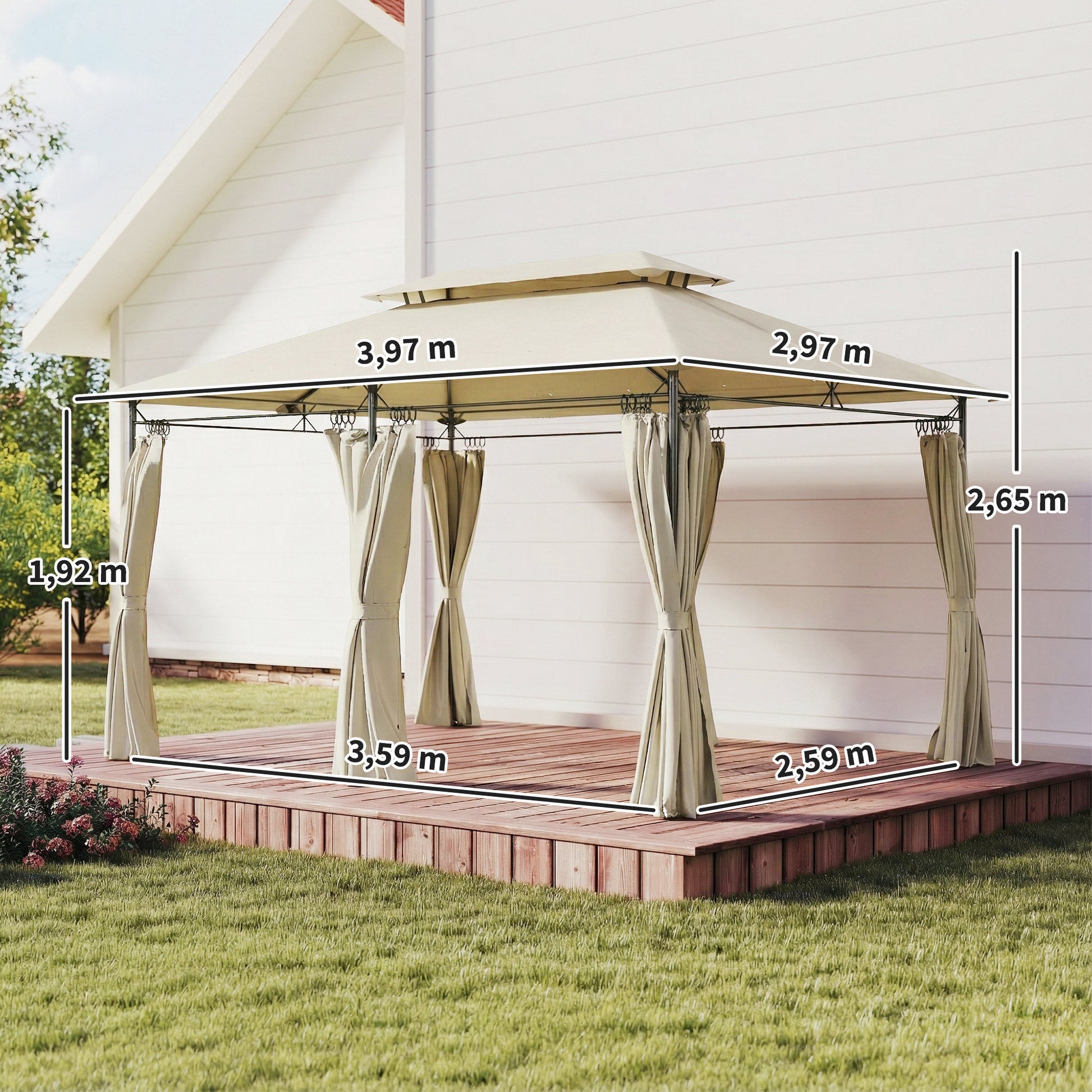 Outsunny Cenador De Jardín 4x3 M Con Doble Techo Paredes Laterales Beige_2