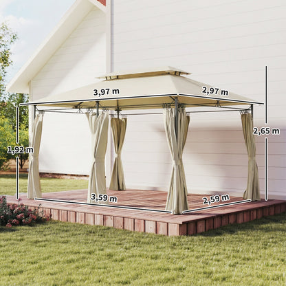 Outsunny Cenador De Jardín 4x3 M Con Doble Techo Paredes Laterales Beige_2