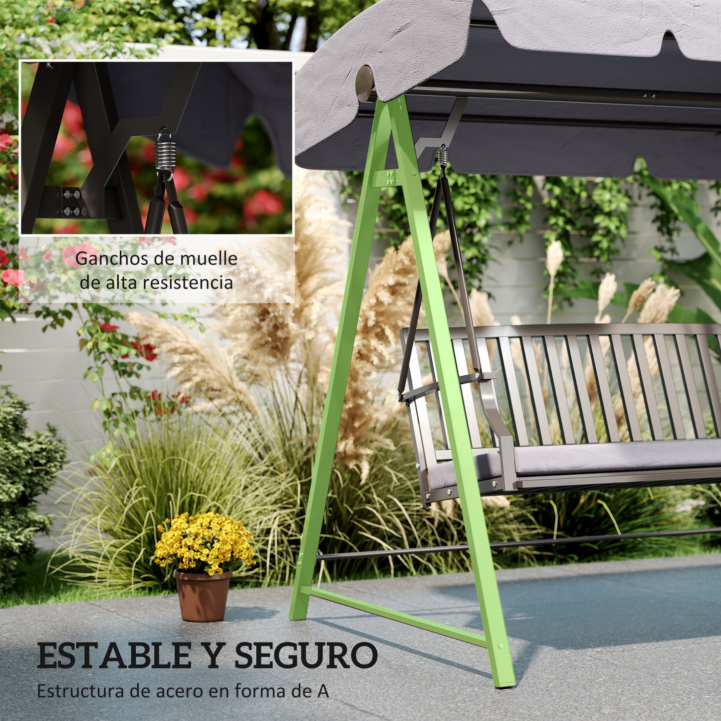 Outsunny Columpio De Jardín De 3 Plazas Con Toldo Ajustable Y Cojín Gris_5