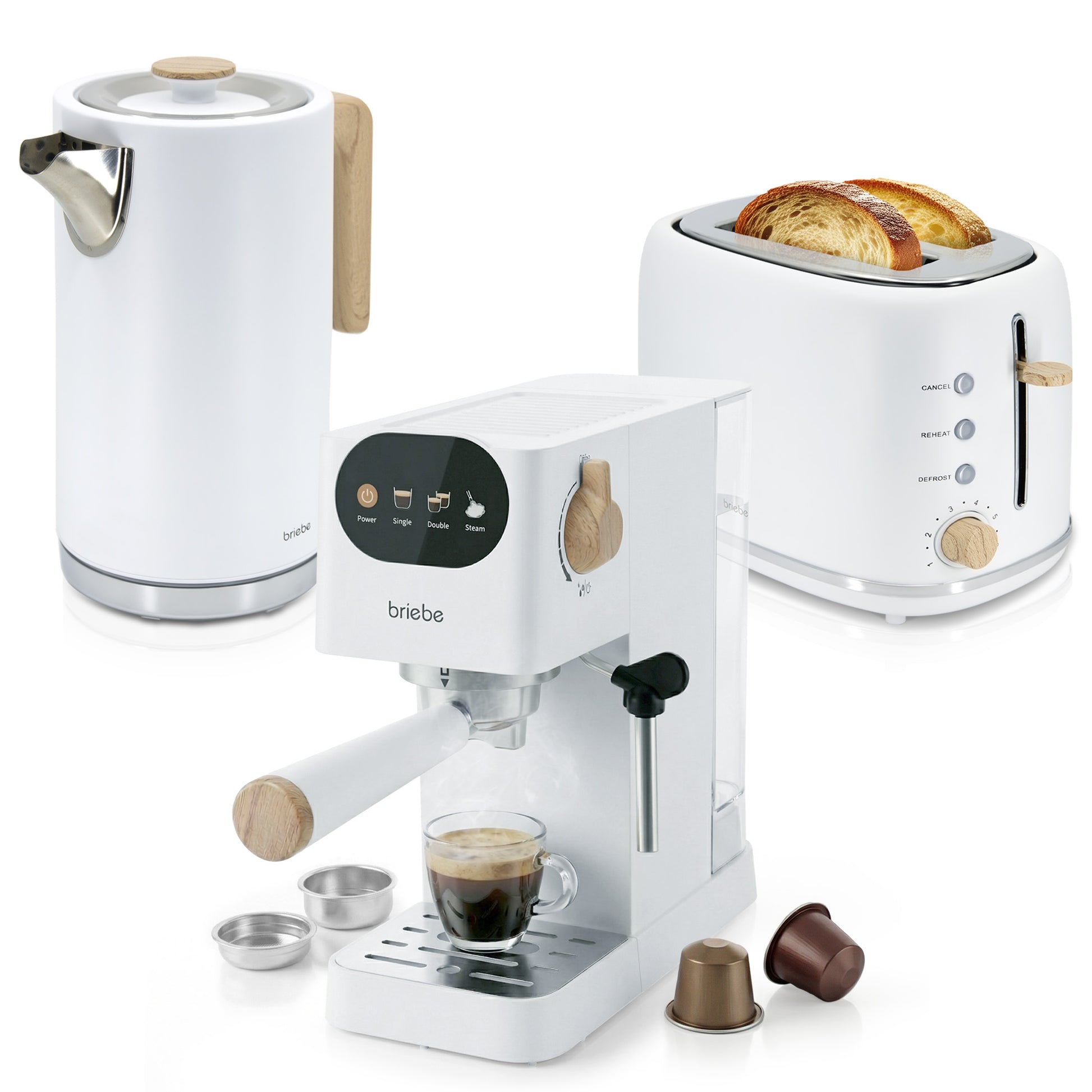 Briebe Nordic Set Cafetera Espresso 20 Bares, Tostadora Pan 2 Rebanadas, Hervidor Eléctrico Agua 1,7l,skt1209wht,blanco_0