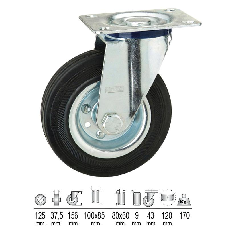 Rueda Industrial Goma Negra Placa  125 Mm._0