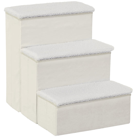 Escalera Para Mascotas 3 Peldaños Plegable Con Tapas Abatibles 40x54x48cm Blanco_0