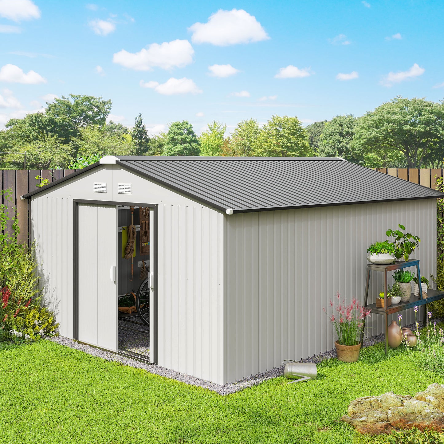 Outsunny Caseta De Jardín Exterior 12,4 M² 340x386x200 Cm Con Puerta Corredera_1