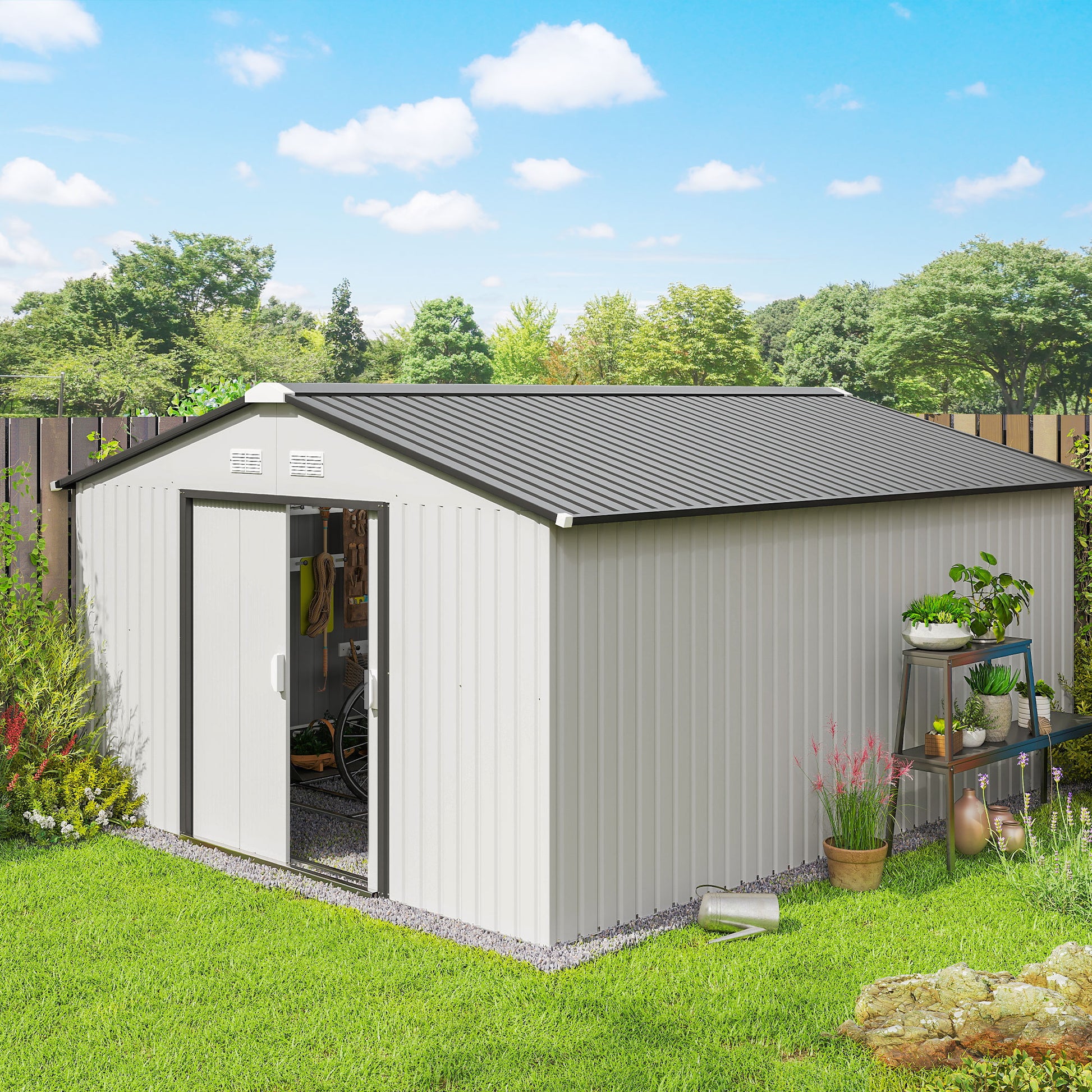 Outsunny Caseta De Jardín Exterior 12,4 M² 340x386x200 Cm Con Puerta Corredera_1