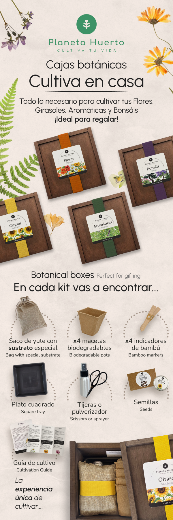Kit de Cultivo de Flores en Caja de Madera – Regalo Original Planeta Huerto