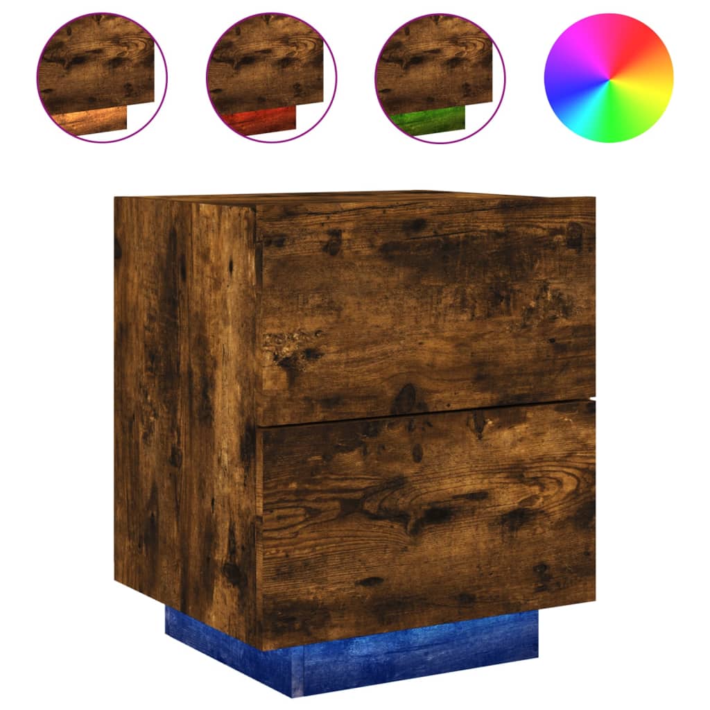 Mesita De Noche Con Luces Led Madera Ingeniería Roble Ahumado_0
