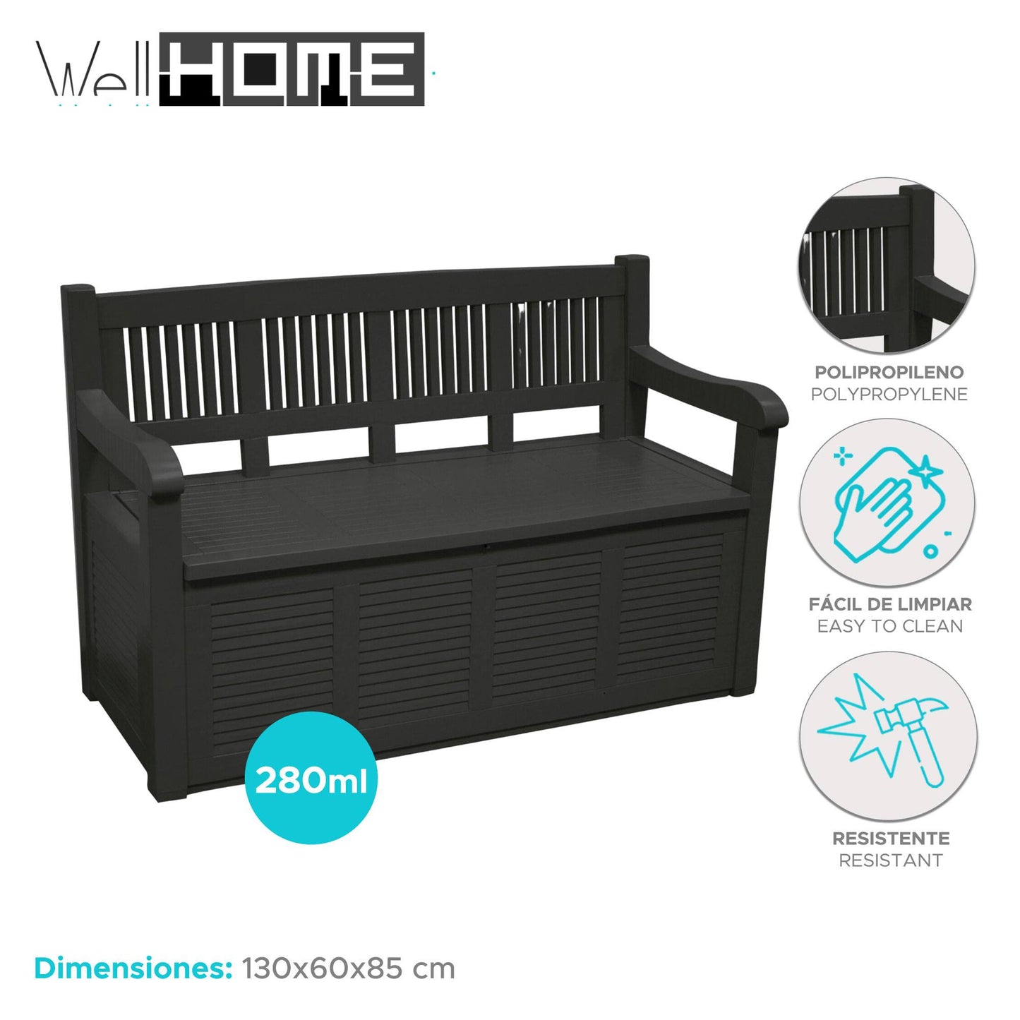 Well Home Banco-baúl Pasillero En Madera 280l Color Gris 130x60x85cm_1