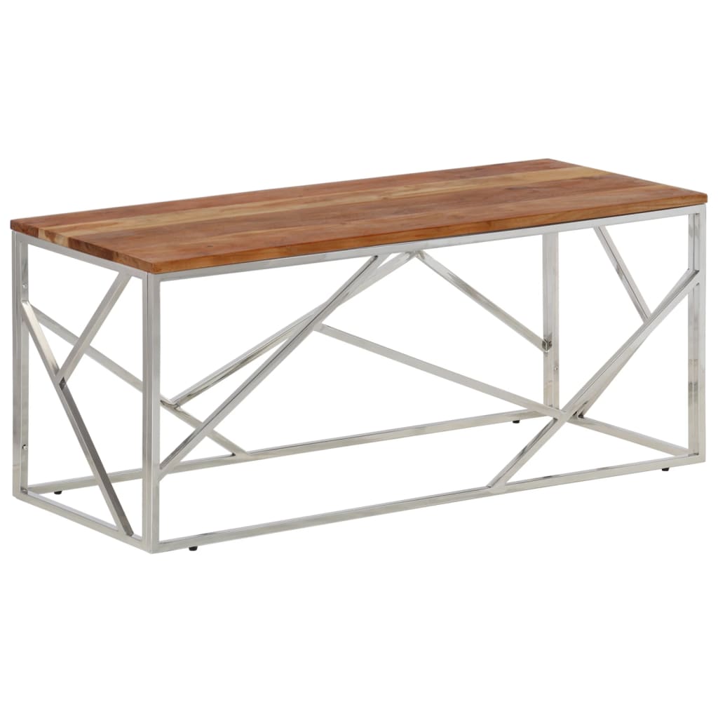 Mesa De Centro Acero Inoxidable Plateado Y Madera Maciza Acacia_0