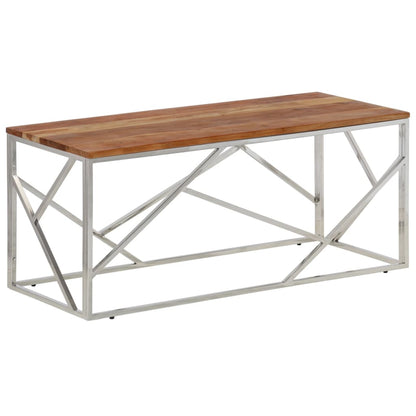 Mesa De Centro Acero Inoxidable Plateado Y Madera Maciza Acacia_0