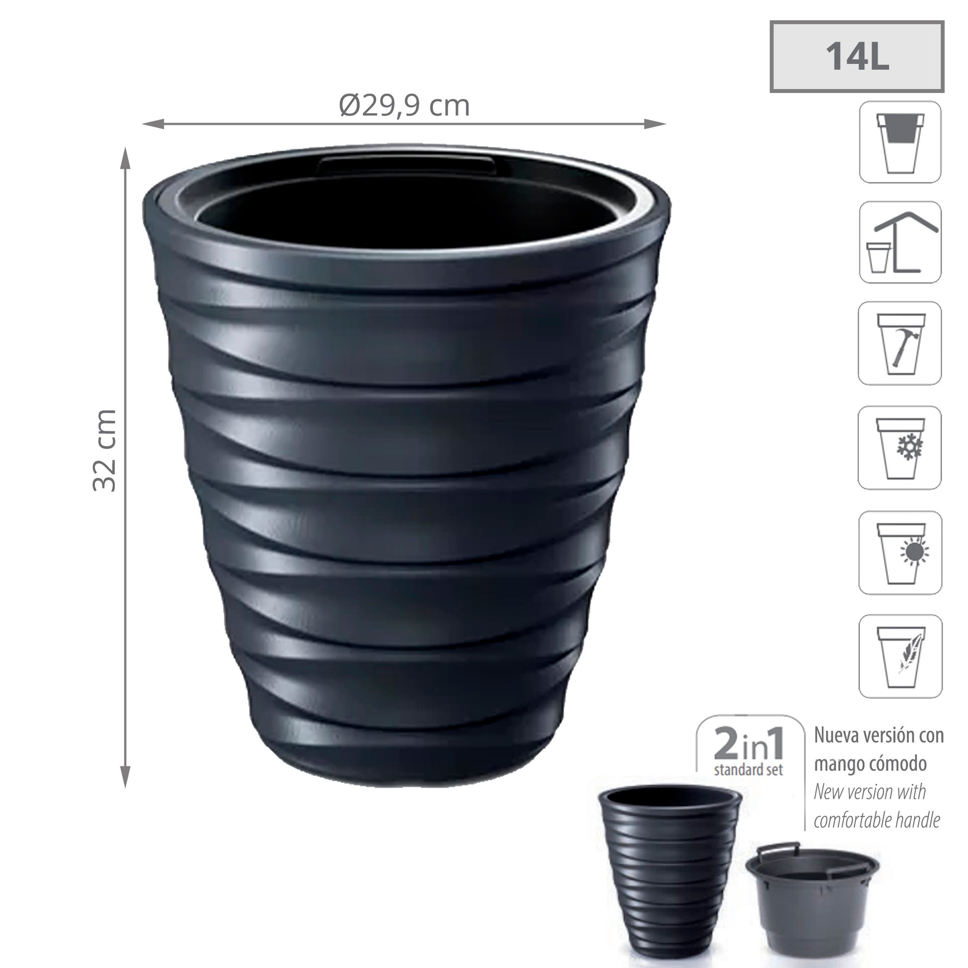 Maceta Freze 14l., Con Depósito, Dimensiones (mm) 299x299x320, Color Antracita