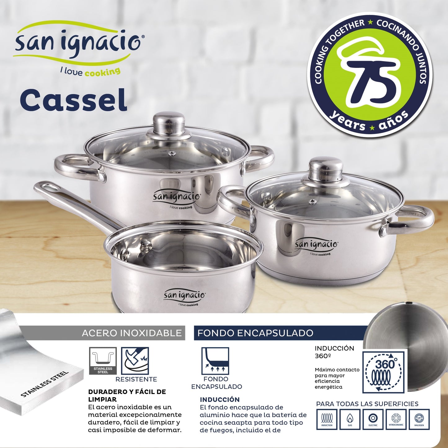 Bateria 5pcs Acero Inoxidable: Cazo Ø16x7,5 Cacerolas De Ø18x8,5 Y Ø20x9,5 Cms., Inducción, Colección Cassel_2