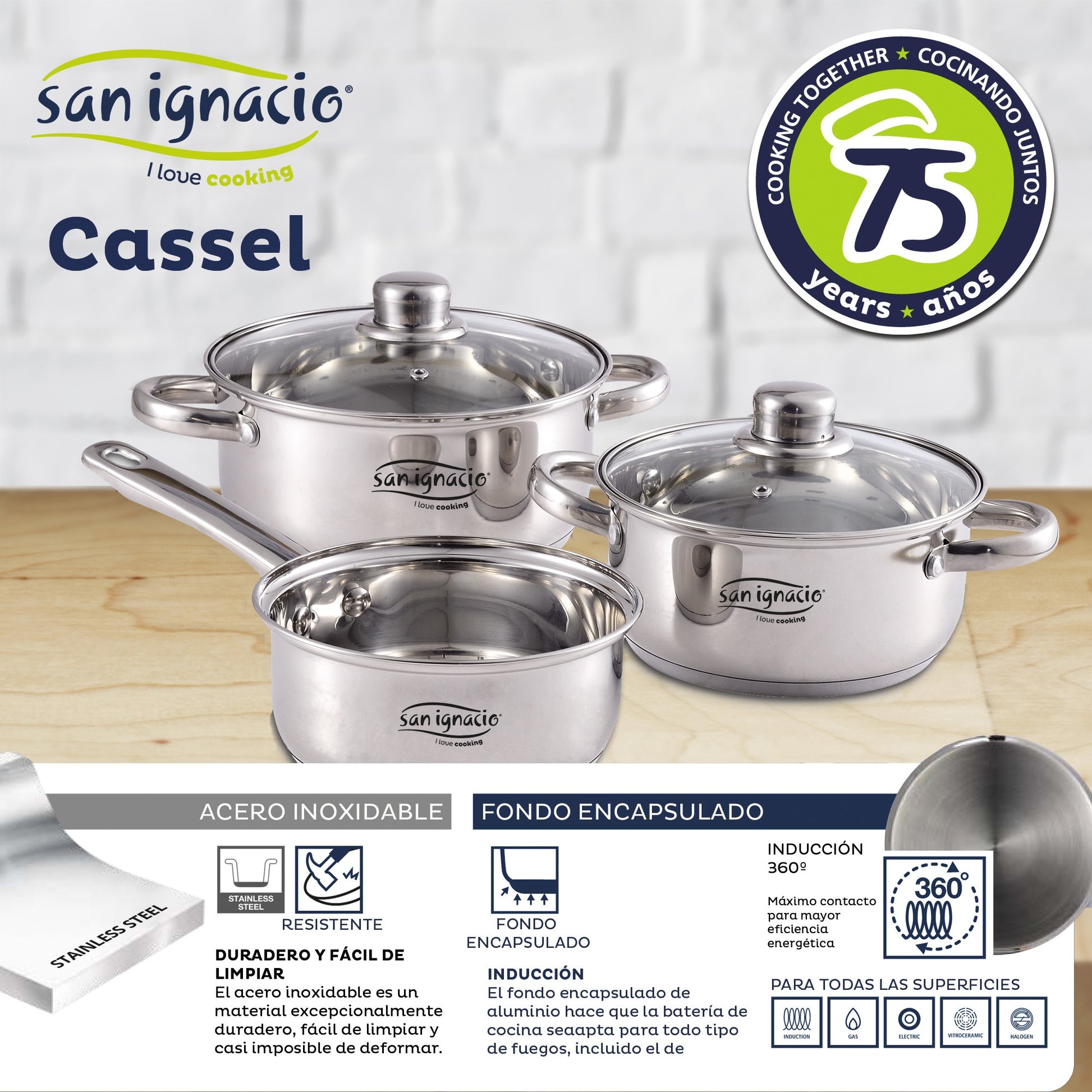 Batería de Cocina San Ignacio Cassel 5 Pzas en Acero Inox con Sartenes de Aluminio Forjado