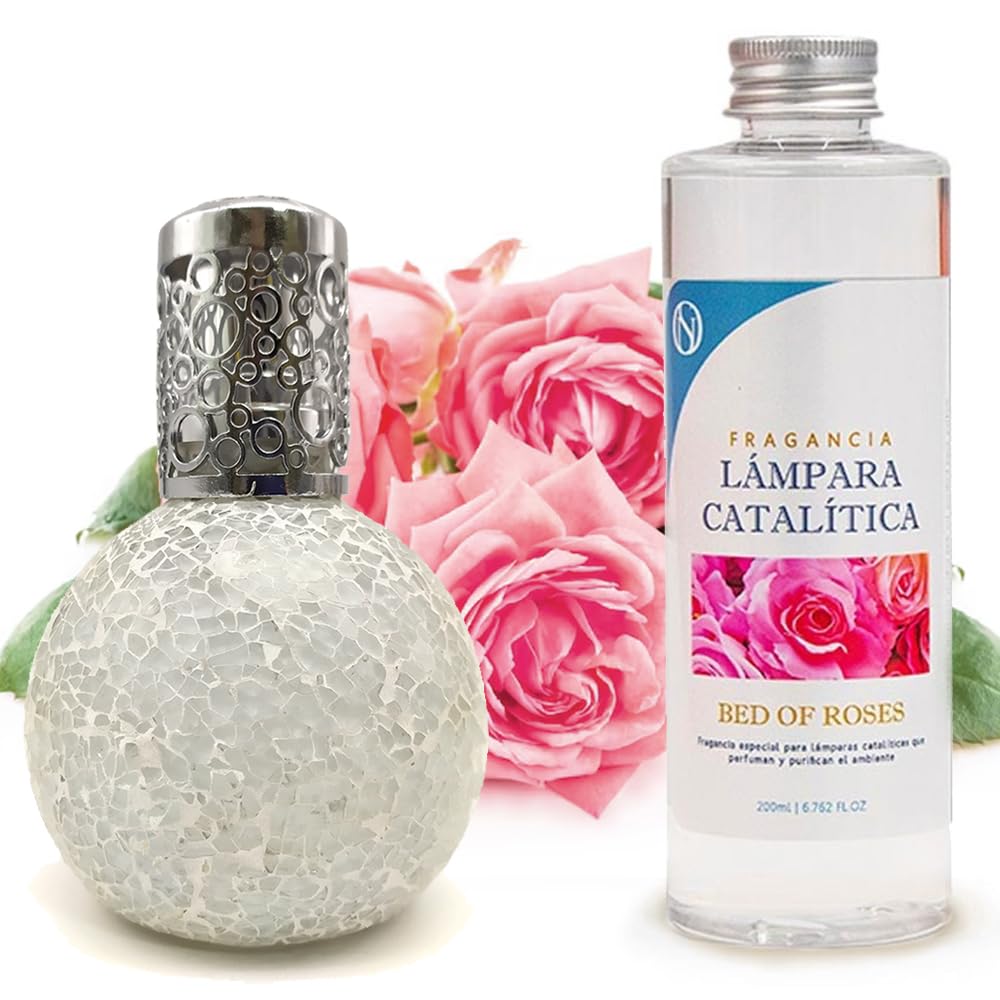 Lámpara Catalítica Mosaico Blanco + Fragancia Bed Of Roses 200 Ml - Elimina Malos Olores, Impurezas Y Perfuma_0