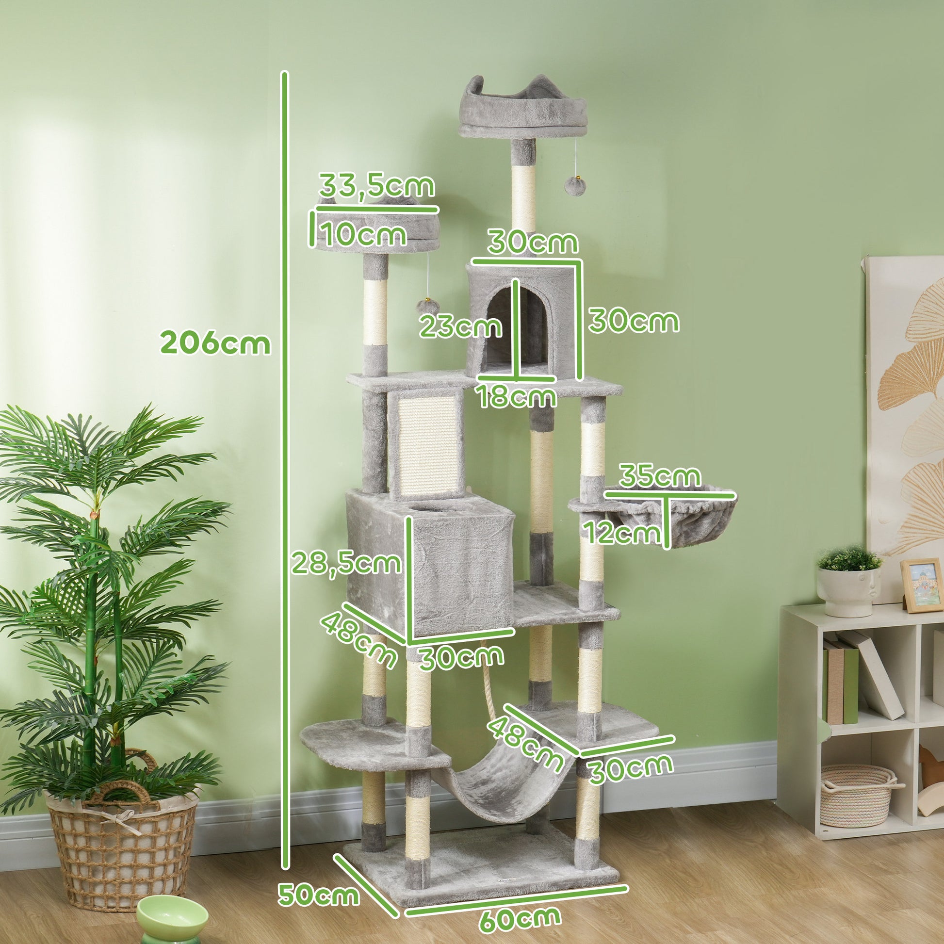 Pawhut Árbol Rascador Para Gatos Grande Altura 206 Cm Con Hamacas Gris Claro_2