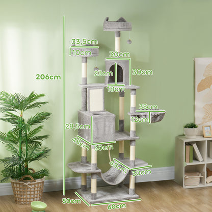 Pawhut Árbol Rascador Para Gatos Grande Altura 206 Cm Con Hamacas Gris Claro_2