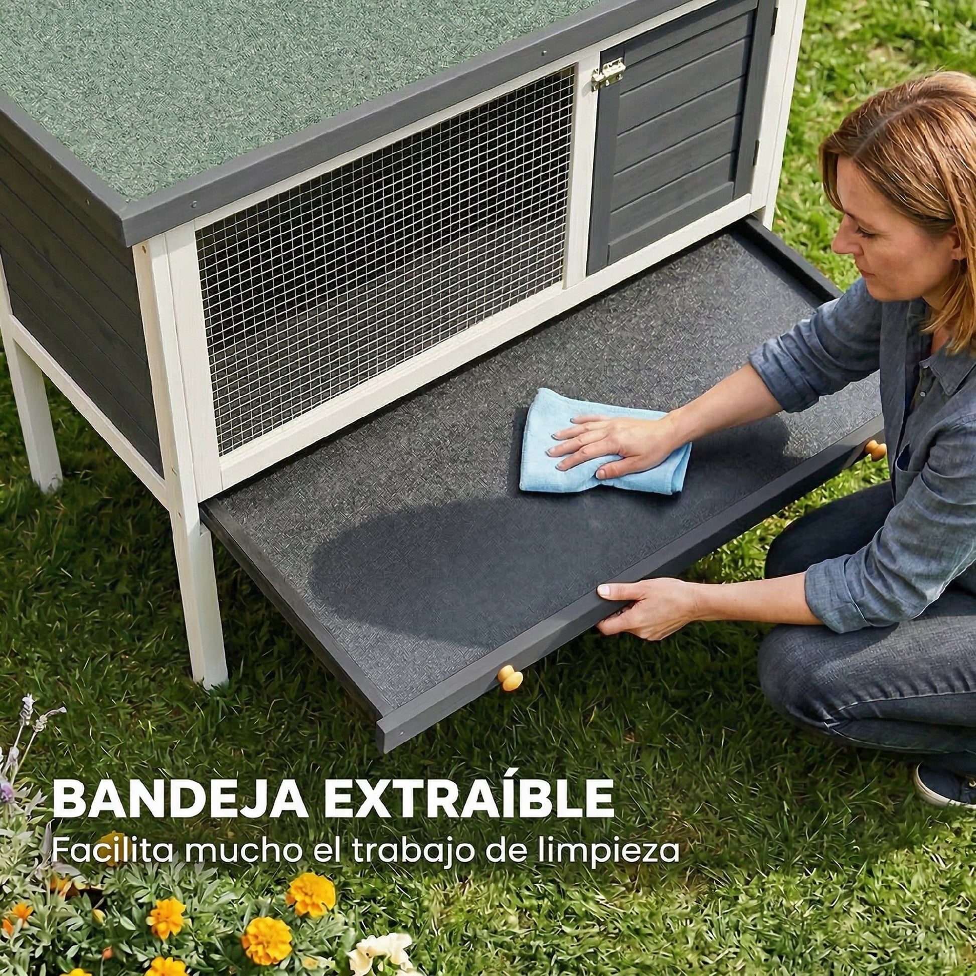 Pawhut Conejera De Madera Con Techo Asfáltico Abatible Bandeja Extraíble Gris_5