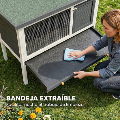 Pawhut Conejera De Madera Con Techo Asfáltico Abatible Bandeja Extraíble Gris_5