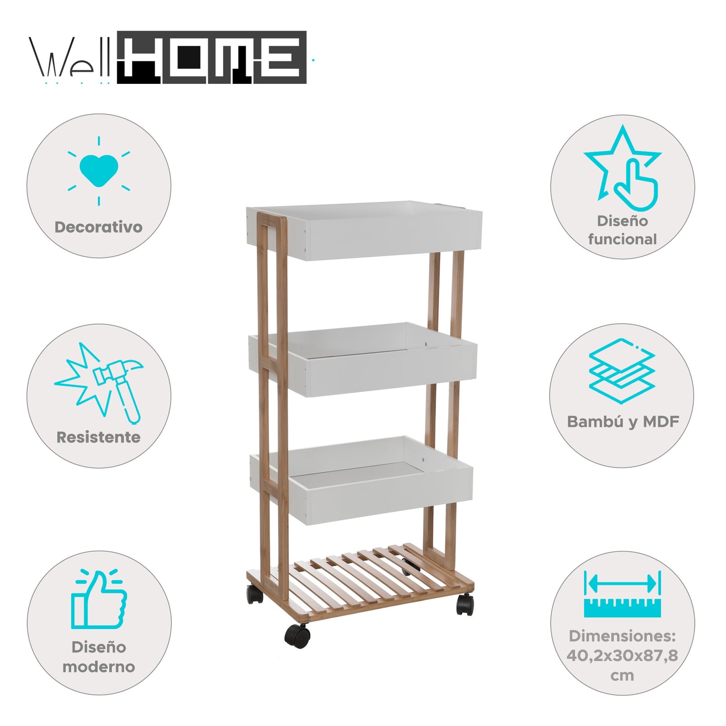 Wellhome - Carro naturéo 4 Niveles Con Ruedas Bambú Blanco_1