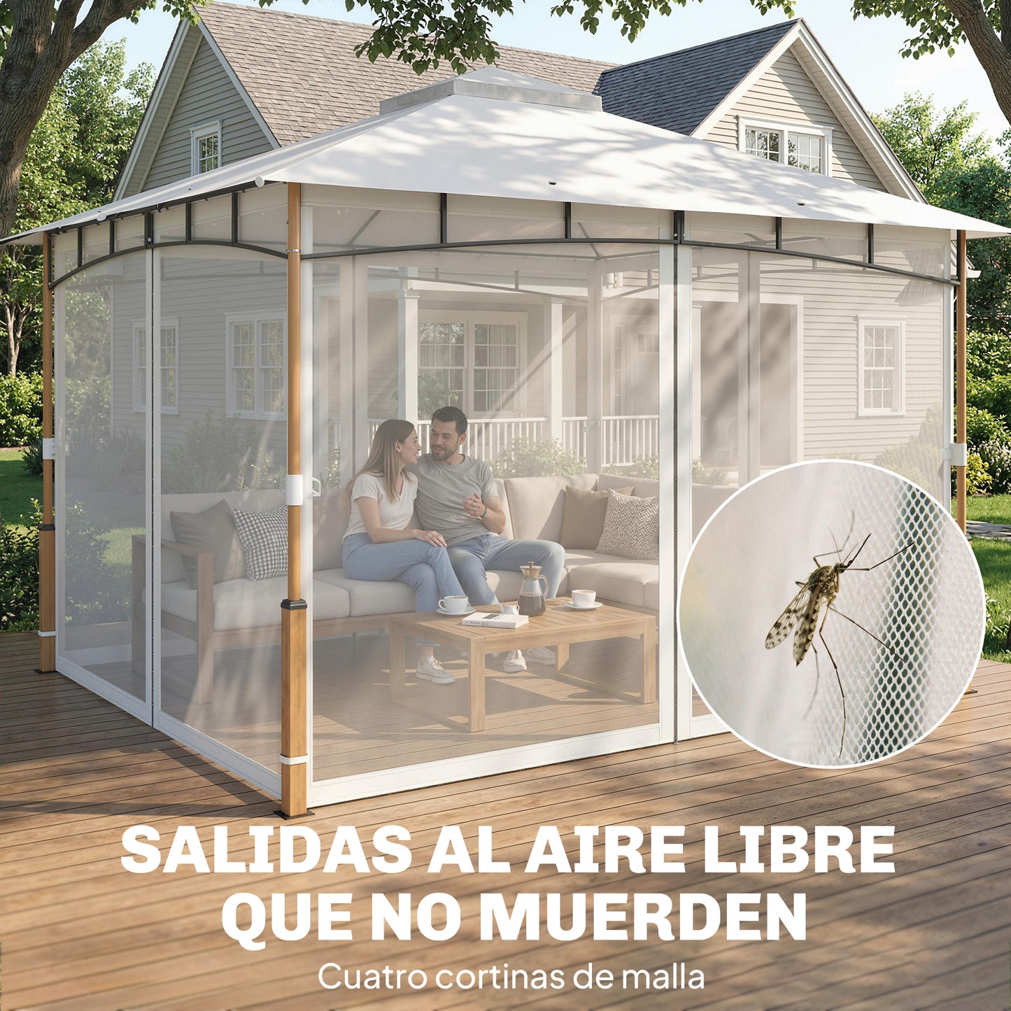 Outsunny Cenador Para Jardín 3x3,6 M Con Doble Techo Paredes De Malla Crema_5