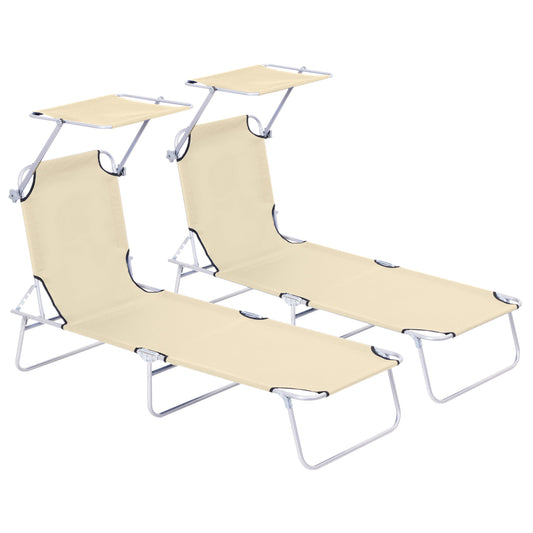 Outsunny Conjunto De 2 Tumbonas Plegables Con Toldo 187x58x36 Cm Beige_0