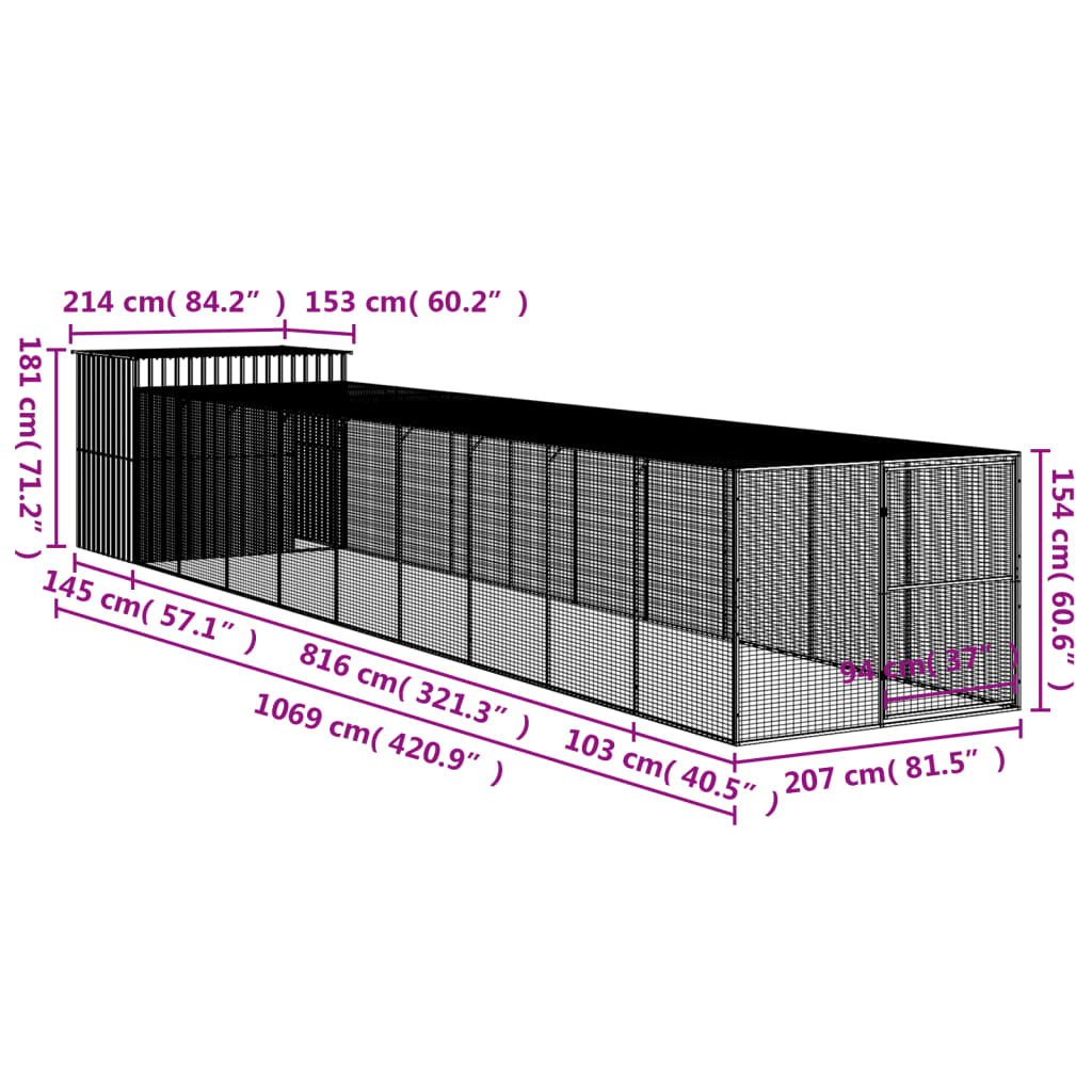 Vidaxl Caseta Perro Corral Acero Galvanizado Gris Claro 214x1069x181cm_2