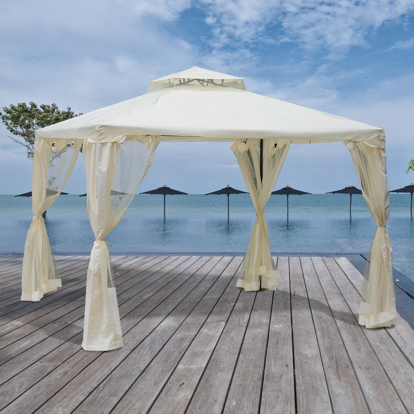 Outsunny Cenador De Jardín 3x3m Con Doble Techo 4 Cortinas Mosquiteras Crema_1