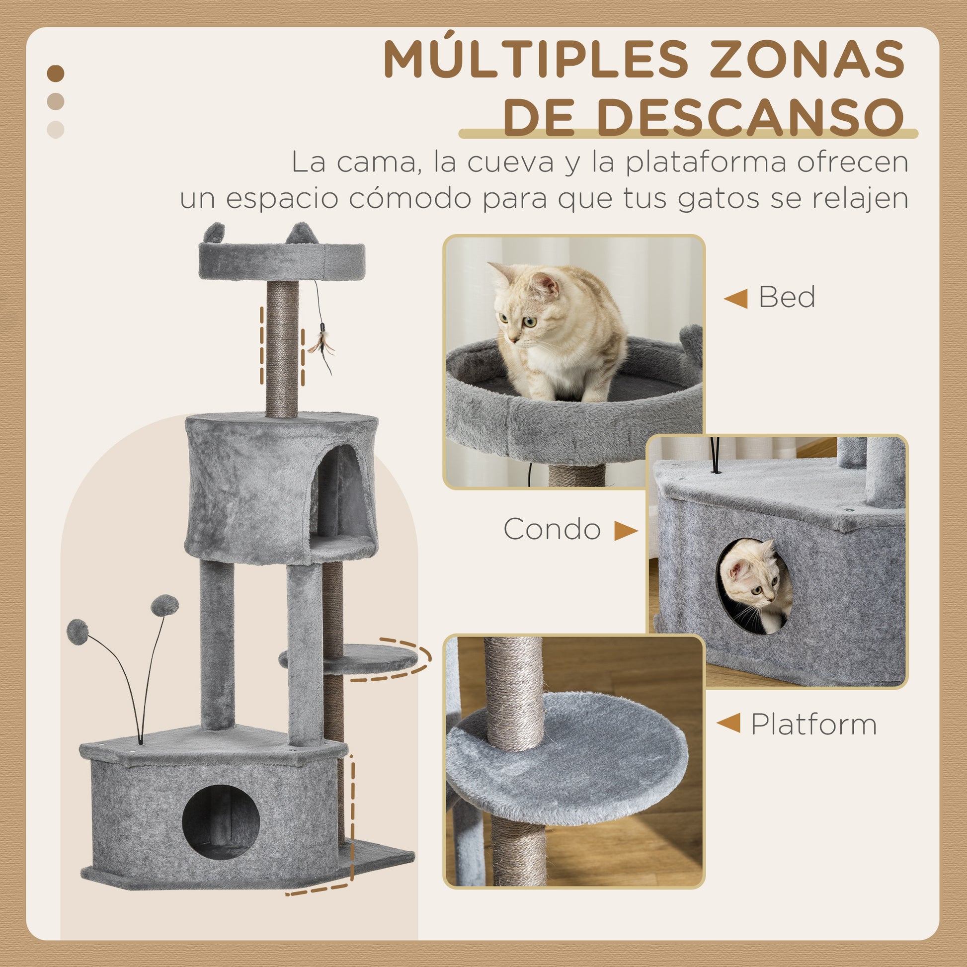 Pawhut Árbol Rascador Para Gatos 60x40x133cm Con Nido Cueva De Fieltro Extraíble_5