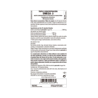 Omega 3 Triple Concentración Solgar 100 Cápsulas