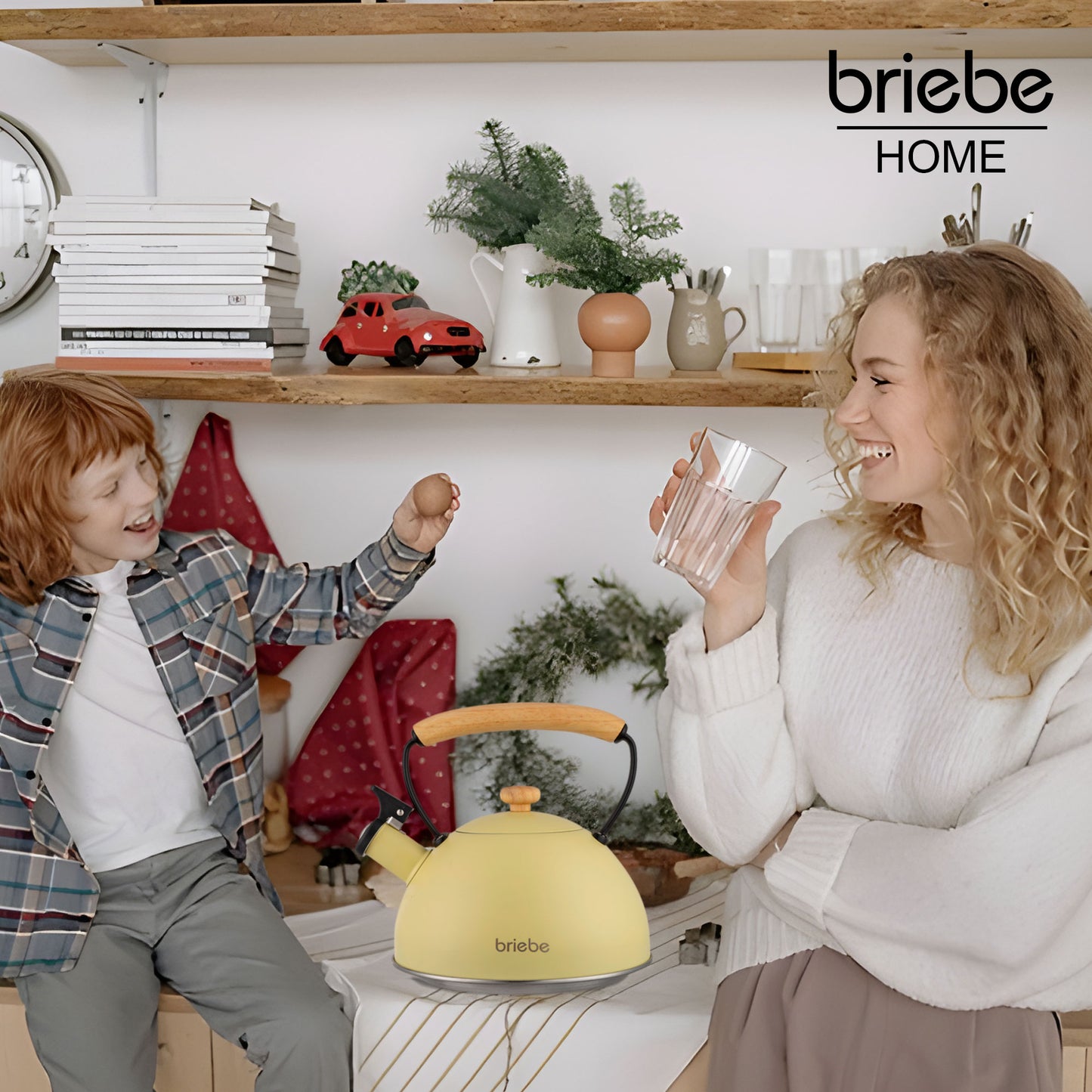 Tetera Con Silbato, Hervidor De Agua 2,5l, Inducción, Acero Inox, Vintage, Mango Madera, Briebe, Pastel, Amarillo