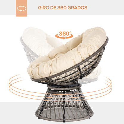 Outsunny Silla Giratoria De Ratán Sintético Con Cojín 87x97x86 Cm Gris Y Crema_3