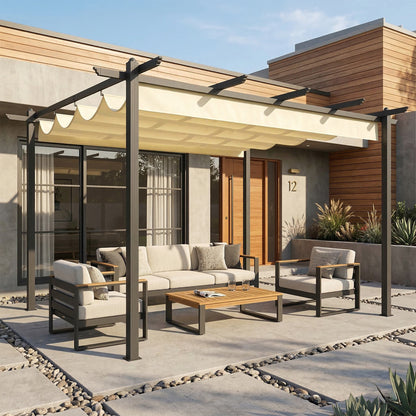 Outsunny Pérgola De Jardín 4x3 M Con Techo Retráctil Y Marco De Aluminio Crema_1
