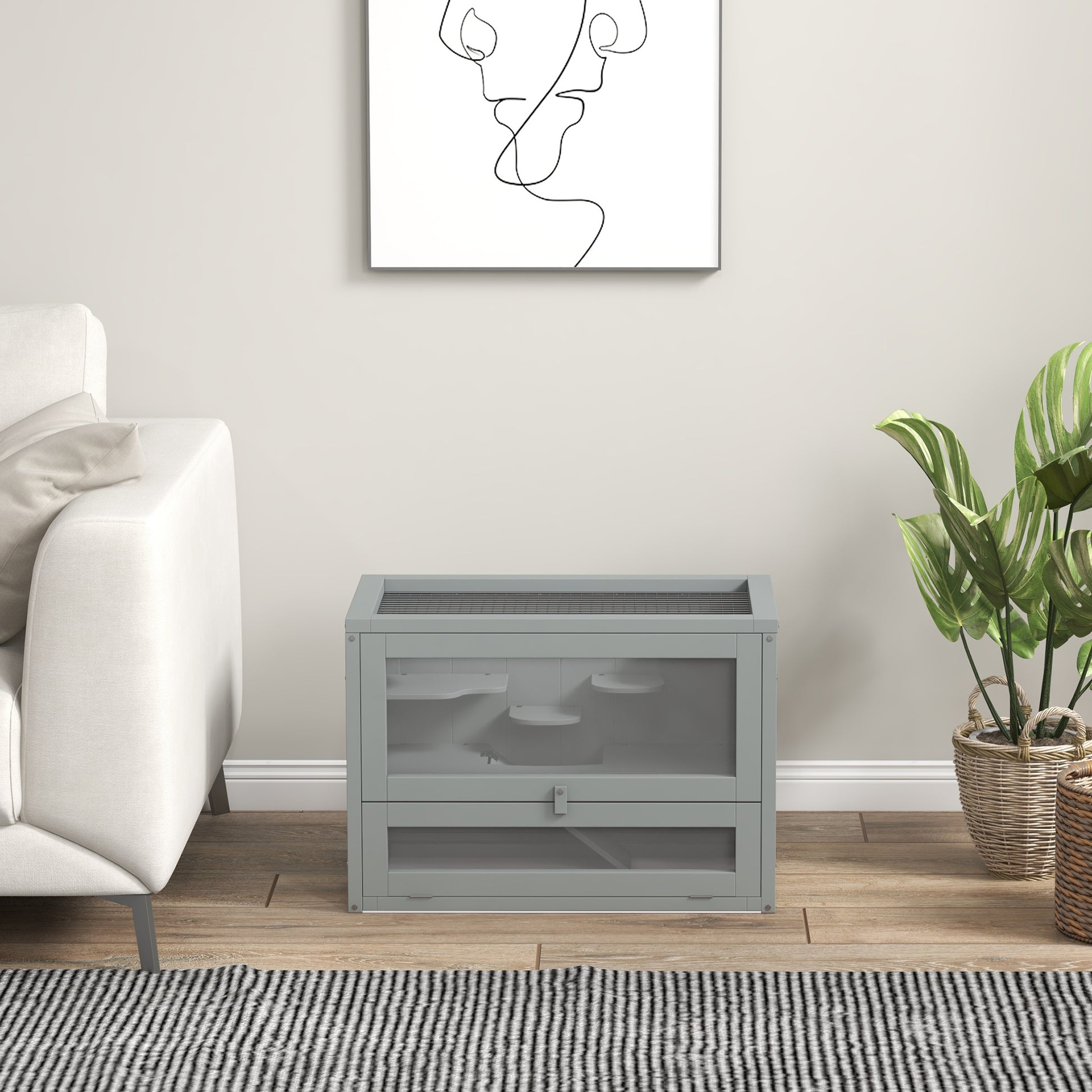 Pawhut Jaula Para Hámster De Madera Con Plataformas Escaleras 60x35x42 Cm Gris_4