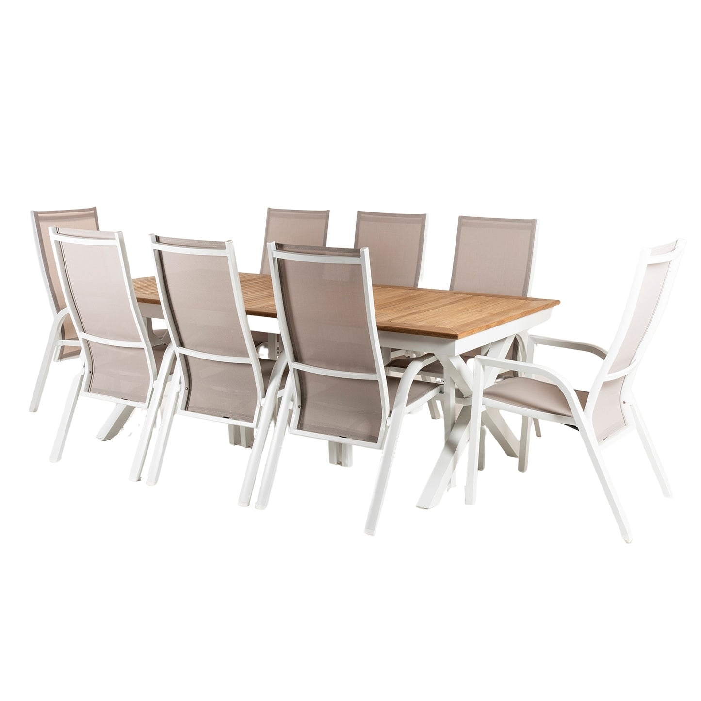 Conjunto Mesa De Exterior Extensible 220/280 Y 8 Sillones Reclinables Hidráulicos, Aluminio Blanco Y Tablero De Teca, Textilene Taupé, 8 Plazas_0