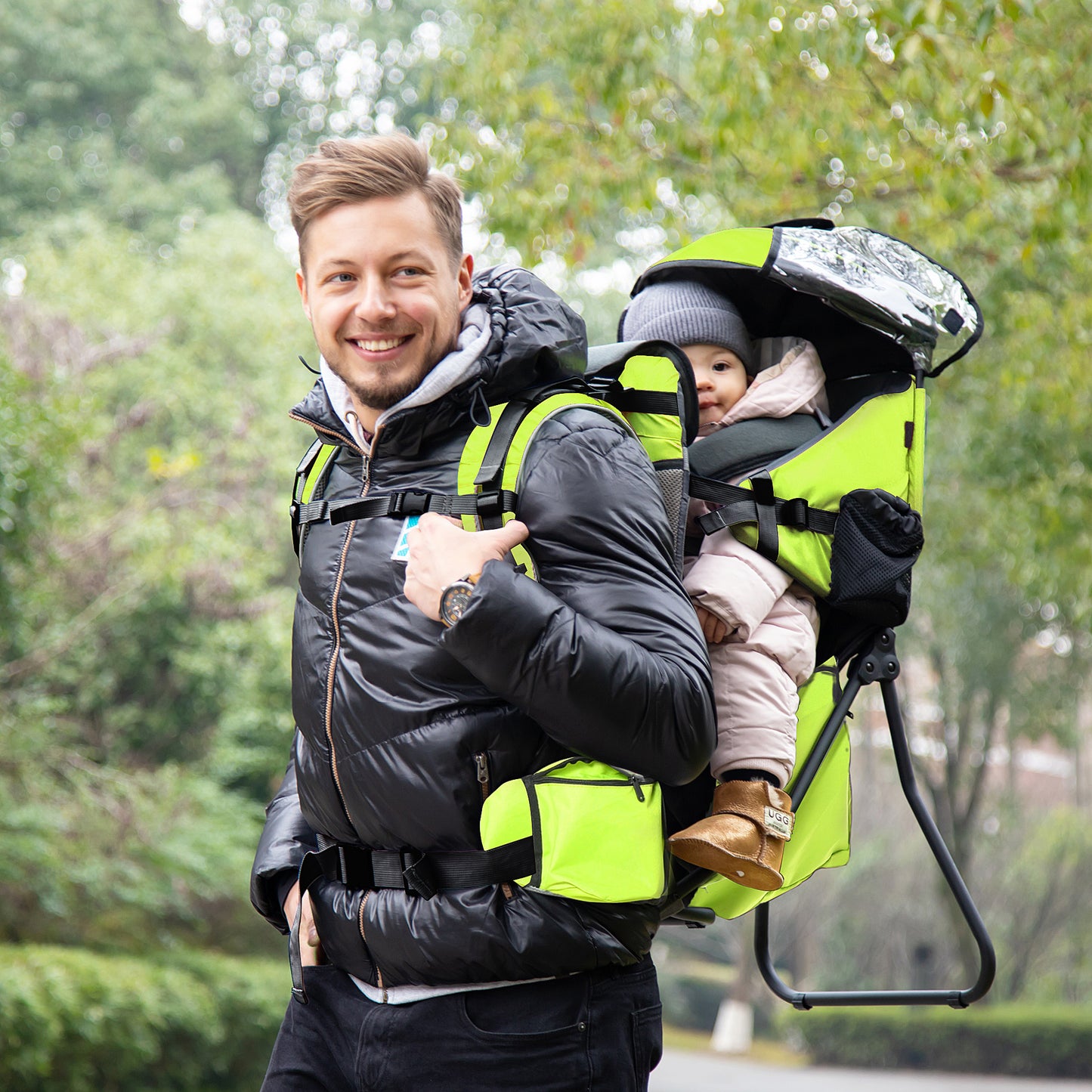 Homcom Mochila Portabebés Plegable Con Techo Impermeable Para 6-36 Meses Verde_1