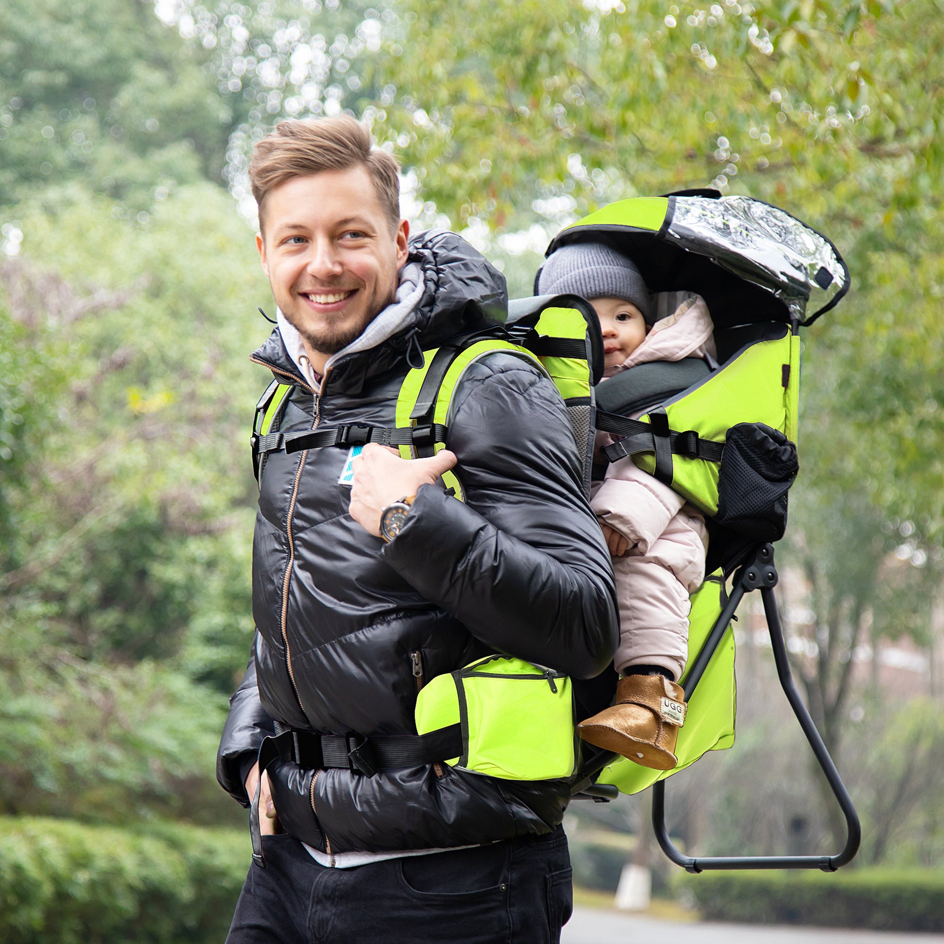 Homcom Mochila Portabebés Plegable Con Techo Impermeable Para 6-36 Meses Verde_1