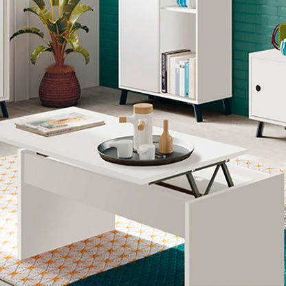 Mesa Centro Elevable, Comedor, Salón, Mesita Café Auxiliar Para Sofá, 47x100x50cm/58x100x50cm, Briebe, Opal, Blanco