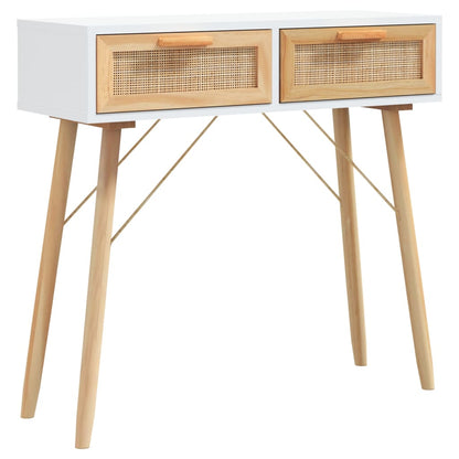 Mesa Consola Madera Pino Maciza Blanco Ratán Natural 80x30x75cm_0